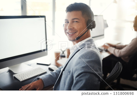 Call center computer, portrait consultant and man telemarketing online on contact us CRM or telecom microphone. Male customer service, ERP ecommerce mockup and happy information technology consulting 131800698