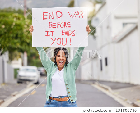 War protest, street and poster woman rally to stop Ukraine conflict, human rights support or global violence. Black student, banner portrait and social justice warrior fight for government law change 131800786