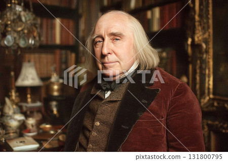 Portrait of a historical figure in a richly decorated library setting, showcasing classic attire 131800795