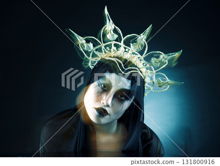 Art portrait, makeup and queen woman isolated on black background in dark fantasy, macabre and beauty character. Vampire, fashion and crown of avatar person or model cosmetics in night studio mockup 131800916