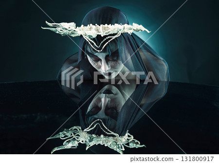 Mirror, dark and fantasy with portrait of queen for evil makeup, fashion and horror art. Creative, mystery and black fabric with woman and crown for spooky, elegant and nightmare veil in studio 131800917