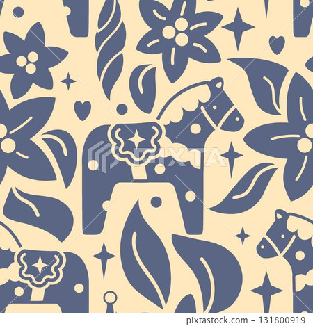 Limited color Northen folk pattern with horses. Minimalist design for textile, Christmas packaging, and modern traditional decor. Limited color Northen folk pattern with horses. Minimalist design for textile, Christmas packaging, and modern traditional decor. 131800919
