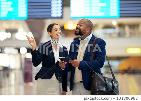 Businessman, airport and service agent pointing traveler to departure, flight time or information. Black male with female passenger assistant helping in travel directions or FAQ for airline traveling 131800968