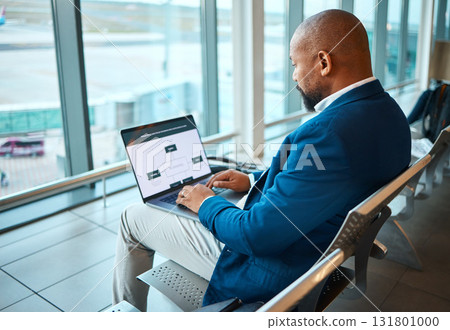 Travel, laptop and serious with black man in airport for planning, vip lounge and communication. Relax, internet and technology with businessman reading email on layover for vacation, trip and flight Travel, laptop and serious with black man in airport for planning, vip lounge and communication. Relax, internet and technology with businessman reading email on layover for vacation, trip and flight 131801000