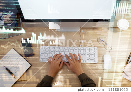 Hands on keyboard, computer overlay and business woman for typing for information technology or research. Online for trading database, cybersecurity or futuristic ai for data analysis or invest Hands on keyboard, computer overlay and business woman for typing for information technology or research. Online for trading database, cybersecurity or futuristic ai for data analysis or invest 131801023