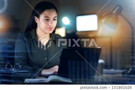 Focus, overlay or woman typing on laptop for futuristic data thinking, investment search or stock market. Serious, research or girl with tech for future finance idea, cryptocurrency or global economy Focus, overlay or woman typing on laptop for futuristic data thinking, investment search or stock market. Serious, research or girl with tech for future finance idea, cryptocurrency or global economy 131801026