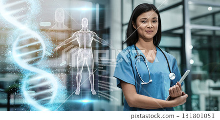 Healthcare, doctor woman portrait and body hologram overlay for health and hospital insurance. Surgeon person 3d anatomy ai technology for medical abstract or dna future, innovation and development Healthcare, doctor woman portrait and body hologram overlay for health and hospital insurance. Surgeon person 3d anatomy ai technology for medical abstract or dna future, innovation and development 131801051