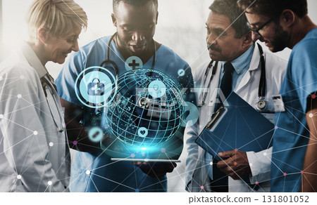 Hologram, tablet and team of doctors future technology in medical services, global research or telehealth. Nurses, healthcare people and worldwide holographic, futuristic network and cyber software 131801052