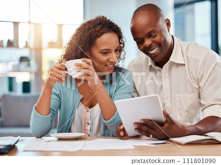 Happy couple, tablet and planning for finance, budget or application for loan on fintech app in home. Black man, woman or reading on touchscreen ux with smile, financial goals and investment profit 131801090