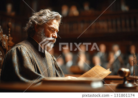 Judge reads sentence to defendants in courtroom during legal proceedings 131801174