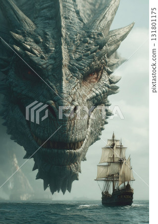 Giant sea monster threatens medieval galleon ship in open ocean during a mystical encounter 131801175