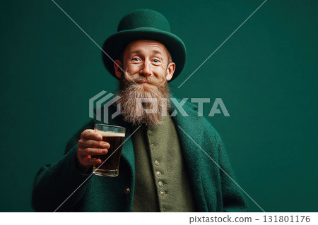Cheerful man in green attire celebrates St Patrick's Day with a drink against a vibrant backdrop 131801176