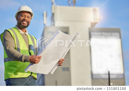 Portrait, black man and engineer with blueprints, outdoor and innovation for construction site, building and smile. Face, African male employee and architect with document, paperwork and contractor 131801188