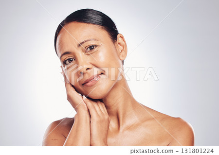 Skincare, senior and portrait of woman in studio for beauty, facial and spa treatment. Glow, cosmetics and mature with female model on white background for anti aging, natural and self care 131801224