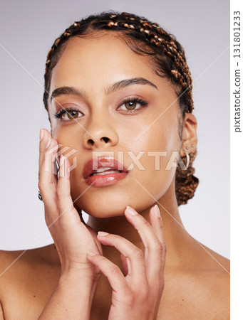 Skincare, beauty and black woman portrait in studio for spa cosmetic, makeup and dermatology. Face of aesthetic model person on grey background for facial collagen and wellness glow or shine Skincare, beauty and black woman portrait in studio for spa cosmetic, makeup and dermatology. Face of aesthetic model person on grey background for facial collagen and wellness glow or shine 131801233