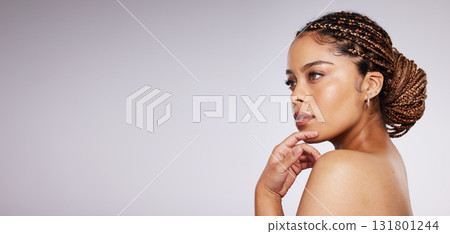 Beauty, face and black woman with skincare, cosmetic care and skin glow with wellness on studio background. Natural cosmetics, hand and makeup with beautiful female, mockup space and dermatology 131801244