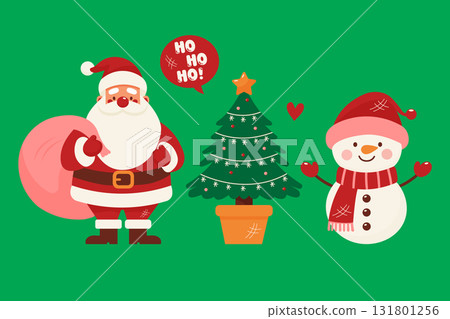 Christmas Tree Santa Claus and Snowman Vector Illustration. Christmas Tree Santa Claus and Snowman Vector Illustration. 131801256