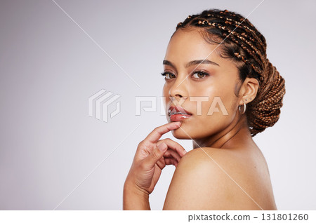 Beauty, face and black woman with skincare in portrait, skin glow and cosmetic care on studio background. Natural cosmetics, hand and makeup with wellness, mockup space and dermatology with shine Beauty, face and black woman with skincare in portrait, skin glow and cosmetic care on studio background. Natural cosmetics, hand and makeup with wellness, mockup space and dermatology with shine 131801260