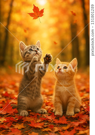 Kitten Cat Autumn leaves Kitten Cat Autumn leaves 131801289