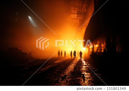 Silhouette of workers in heavy metallurgical plant through dust and darkness at sunset 131801349