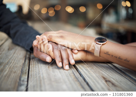 Holding hands, couple zoom and restaurant date of black people together with trust and support. Hope, empathy and love of woman and man with compassion, gratitude and sympathy in a cafe with bokeh 131801360