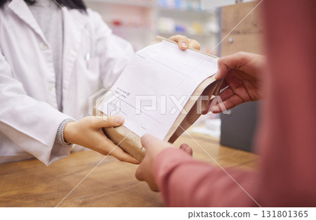Pharmacy, medicine and doctor with customer hands in store with healthcare prescription. Pharmacist woman giving patient Pharma product package for medical retail service, health and wellness 131801365