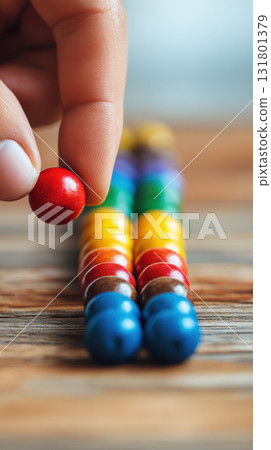 Hand counting colorful wooden bead, educational toy, learning, playful, close up, vertical Hand counting colorful wooden bead, educational toy, learning, playful, close up, vertical 131801379
