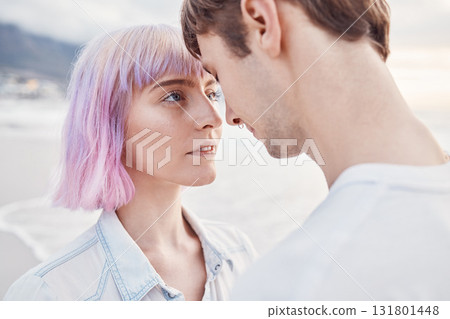 Intimacy, beach and couple with a love moment while on summer date for valentines day or anniversary. Romance, sea and young gen z man and woman with intimate embracing by ocean together in Australia 131801448