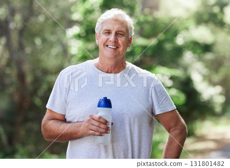Man, exercise portrait and outdoor with water bottle for run, workout and training for fitness. Senior male happy for hydration, cardio health and wellness while running in nature and retirement 131801482