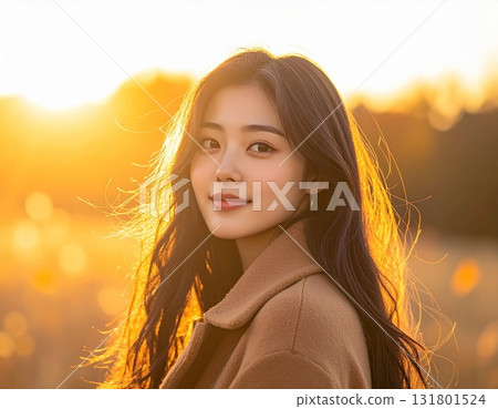 Autumn woman illuminated by the setting sun 131801524