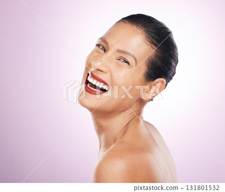 Laughing, face makeup and lipstick of woman in studio isolated on a purple background. Skincare, cosmetics portrait and happy, funny and mature female model with red lip gloss for skin glow or beauty 131801532