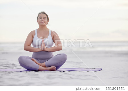 Yoga meditation zen, beach and woman meditate for spiritual mental health, chakra energy balance or soul healing. Nature mockup, freedom peace and plus size girl with mindfulness, mindset or wellness 131801551
