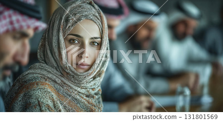 Arab woman leader presides over meeting discussing voting rights among Arab men 131801569