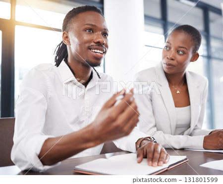Business, talking and black man in meeting with documents for marketing strategy, planning and ideas. Leadership, teamwork and workers in discussion for finance review, paperwork and project Business, talking and black man in meeting with documents for marketing strategy, planning and ideas. Leadership, teamwork and workers in discussion for finance review, paperwork and project 131801599