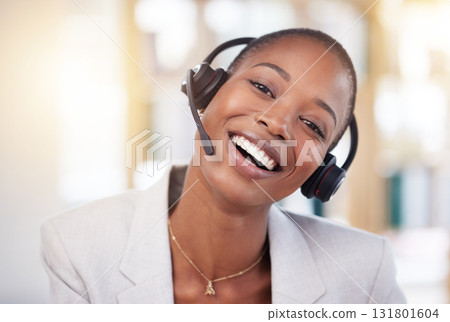 Customer support consultant, face portrait and happy woman telemarketing on contact us CRM or telecom. Call center communication, African ecommerce and information technology consulting on microphone 131801604