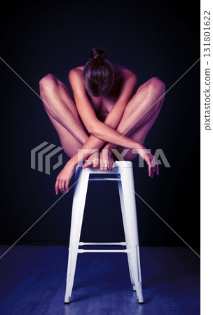 Art, beauty and body of woman in studio for erotic, mystery and desire on black background space. Girl, chair and creative sitting, posing and gesture for expression, deco and mysterious aesthetic Art, beauty and body of woman in studio for erotic, mystery and desire on black background space. Girl, chair and creative sitting, posing and gesture for expression, deco and mysterious aesthetic 131801622