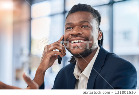 Communication, connection and black man thinking on a phone call for contact and networking. Planning, conversation and African businessman speaking on a mobile for a discussion in the office Communication, connection and black man thinking on a phone call for contact and networking. Planning, conversation and African businessman speaking on a mobile for a discussion in the office 131801630
