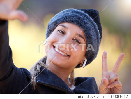 Portrait, woman and peace sign for support, smile and community outdoor, wellness and cheerful. Face, female and lady with gesture for solidarity, success and motivation with joyful, girl and outside Portrait, woman and peace sign for support, smile and community outdoor, wellness and cheerful. Face, female and lady with gesture for solidarity, success and motivation with joyful, girl and outside 131801662