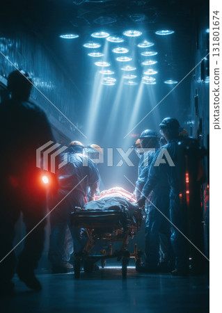 Doctors treating a patient on a gurney in a modern emergency room during a critical moment Doctors treating a patient on a gurney in a modern emergency room during a critical moment 131801674