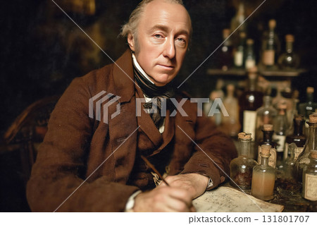 Renowned scientist engaged in research at workbench surrounded by ancient glass bottles 131801707