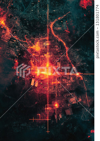 Satellite surveillance shows military movements and equipment in urban areas during conflict 131801774