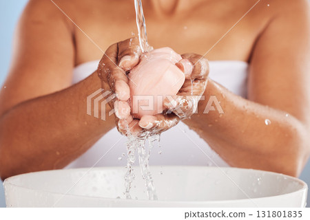 Woman hands, soap and water, handwashing and hygiene with beauty, sustainable skincare and health. Closeup, cleaning product and grooming with person, natural cosmetics and healthy cosmetic care 131801835
