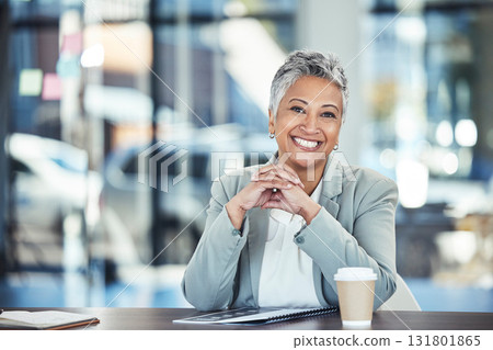 Professional, law and portrait of a woman in business, working with confidence and pride. Smile, happy and mature office employee sitting at a desk to start work in the morning at a legal company 131801865