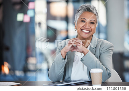 Smile, executive and portrait of a woman in business for working, success and goals. Corporate, happy and mature office employee sitting at a desk to start work in the morning at a legal company 131801866