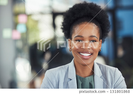 Portrait, business and smile of black woman in office ready for company goals in workplace. Ceo, boss and face of happy female entrepreneur from Nigeria with vision, mission and success mindset. 131801868