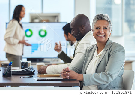 Meeting, portrait or senior business woman planning a sales project with a team in a corporate office. Smile, data analysis or happy mature manager working on strategy in collaboration with people Meeting, portrait or senior business woman planning a sales project with a team in a corporate office. Smile, data analysis or happy mature manager working on strategy in collaboration with people 131801871
