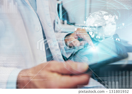 World graphic, doctor hands and global healthcare hologram on phone for telehealth. Globe overlay, futuristic hospital data and cyber medical analytics of a wellness and health employee with research World graphic, doctor hands and global healthcare hologram on phone for telehealth. Globe overlay, futuristic hospital data and cyber medical analytics of a wellness and health employee with research 131801932