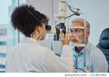Vision, eye exam and healthcare with a doctor woman or optometrist testing the eyes of a man patient in a clinic. Hospital, medical or consulting with a female eyesight specialist and senior male Vision, eye exam and healthcare with a doctor woman or optometrist testing the eyes of a man patient in a clinic. Hospital, medical or consulting with a female eyesight specialist and senior male 131801948