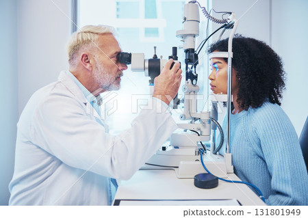 Eye exam, consulting and laser with doctor and black woman for healthcare, ophthalmology and medical. Glaucoma, lens and wellness with patient and optometrist in clinic for vision, checklist and help 131801949