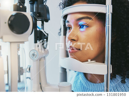 Ophthalmology, medical and eye exam with black woman and consulting for vision, healthcare and glaucoma check. Laser, light and innovation with face of patient and machine for scanning and optometry Ophthalmology, medical and eye exam with black woman and consulting for vision, healthcare and glaucoma check. Laser, light and innovation with face of patient and machine for scanning and optometry 131801950